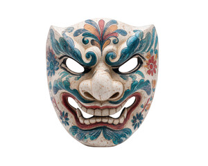 Traditional Thai mask with white base, vibrant floral patterns, blue and red brushwork, and fierce expression, used in cultural performances and ceremonies, isolated on transparency background