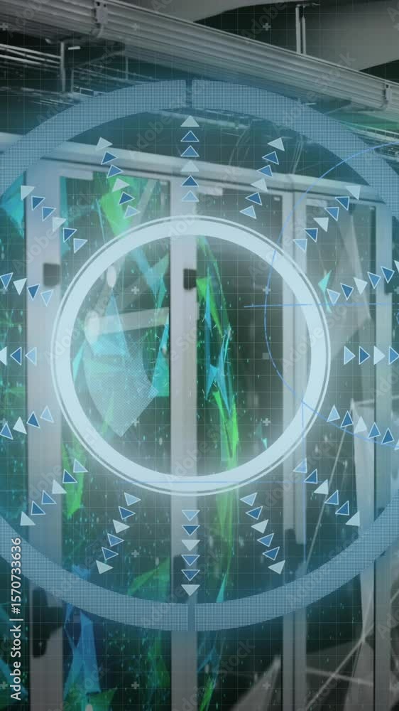 Poster animation of scope scanning and mathematical equations over server room
