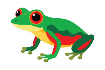 Vibrant green frog with red and yellow accents on white background