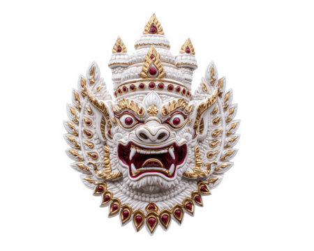 Traditional Thai mask Hanuman features intricate white, gold, and red details, symbolizing strength and cultural heritage, isolated on transparent background for creative use