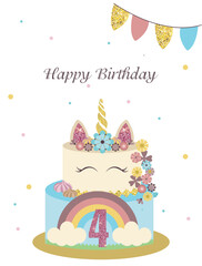 Vector unicorn cake on white background. Holiday birthday cake with marshmallow and rainbow made of cream.Four year anniversary. Vector birthday cake. Birthday card for 4 year old girl.