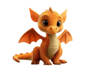Cute orange baby dragon with big eyes, textured scales, and playful expression, sitting isolated on transparency background, fantasy creature, adorable and friendly vibe