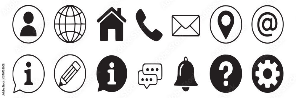 Poster contact us icons set vector design for website user interface and mobile app black and white illustr