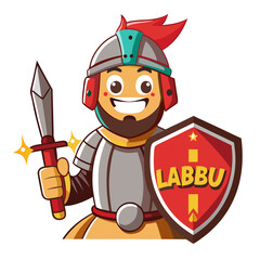 Smiling knight holding sword and shield with labbu logo cartoon
