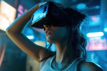Immersive VR experience where a woman explores a high-tech cyberpunk world through a VR headset.