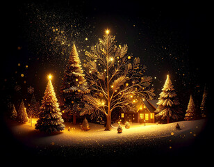 Golden Christmas scenery illustration on dark background with many decorative branches, decorations, stars.