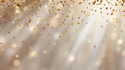 Soft Beige Background with Radiant Light Rays and Floating Golden Confetti