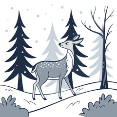 Spotted deer walking through snowy forest trees fawn