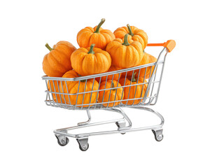 Obraz premium Mini pumpkin orange vegetable shopping cart isolated transparency background autumn harvest fresh healthy food festive arrangement creates cheerful seasonal mood