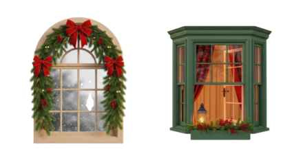 Festive Christmas Windows with Garland and Lantern isolated on a transparent background