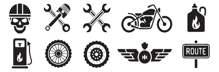 Motorcycle repair shop icons vector set of motorcycle parts tools and accessories for biker garage service on transparent background