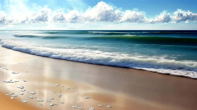 Peaceful ocean waves gently rolling onto a sandy beach with fluffy clouds above creating a calming
