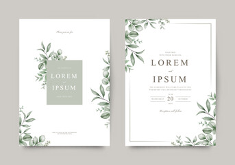 Elegant wedding invitation card template with beautiful watercolor leaves