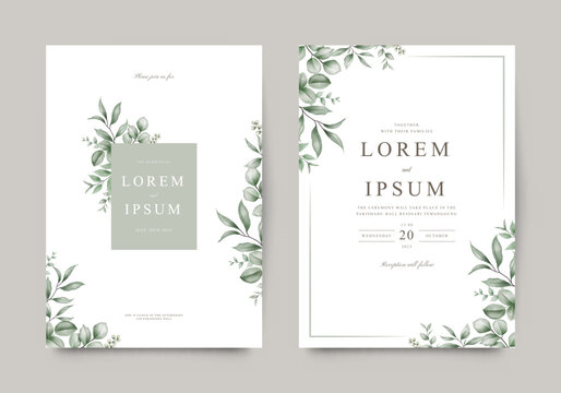 Elegant wedding invitation card template with beautiful watercolor leaves - Powered by Adobe