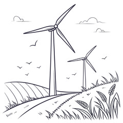 Wind turbines in a field with birds and clouds wind energy renewable energy © RABBY MIA