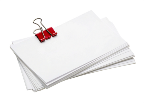 Stack of blank white papers with red binder clip isolated on transparent background - Powered by Adobe