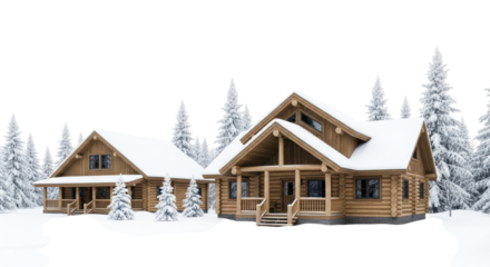 Wooden cabins nestled in snowy forest landscape isolated on a transparent background