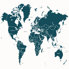 Obraz premium World map with dark teal continents on white background countries geography