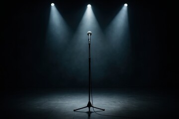 Echoes in the Spotlight: An empty microphone stands isolated on a dark stage, bathed in the stark light of three spotlights, evoking anticipation. 
