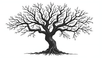 Barren tree with exposed roots. Represents nature, life cycle, resilience, or abstract art. Stark and symbolic.

