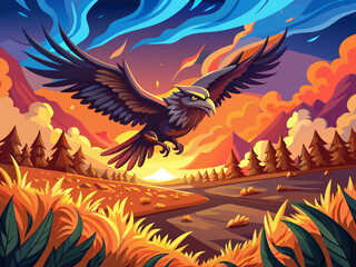vector of An eagle flying in the sky. A field on fire looks attractive and spectacular from a distance.