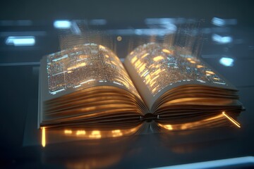 Open 3D digital book with holographic pages and light effects, representing the future of knowledge.