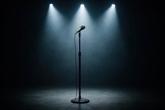Spotlight's Center: A solitary microphone stands centered on a stage, illuminated by a trio of spotlights, casting dramatic shadows and creating a sense of anticipation.