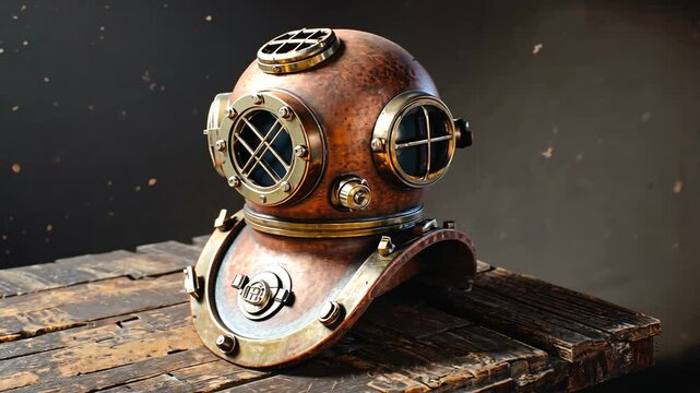 Vintage copper diving helmet displayed on a wooden table with a blurred industrial background