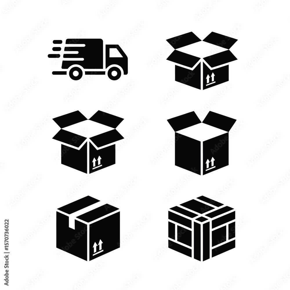 Poster six black and white delivery icons set featuring a delivery truck and various cardboard boxes in dif