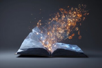 Low-poly 3D book floating above a desk with glowing particles symbolizing online education.