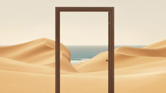 Open door to the ocean in a sandy desert landscape