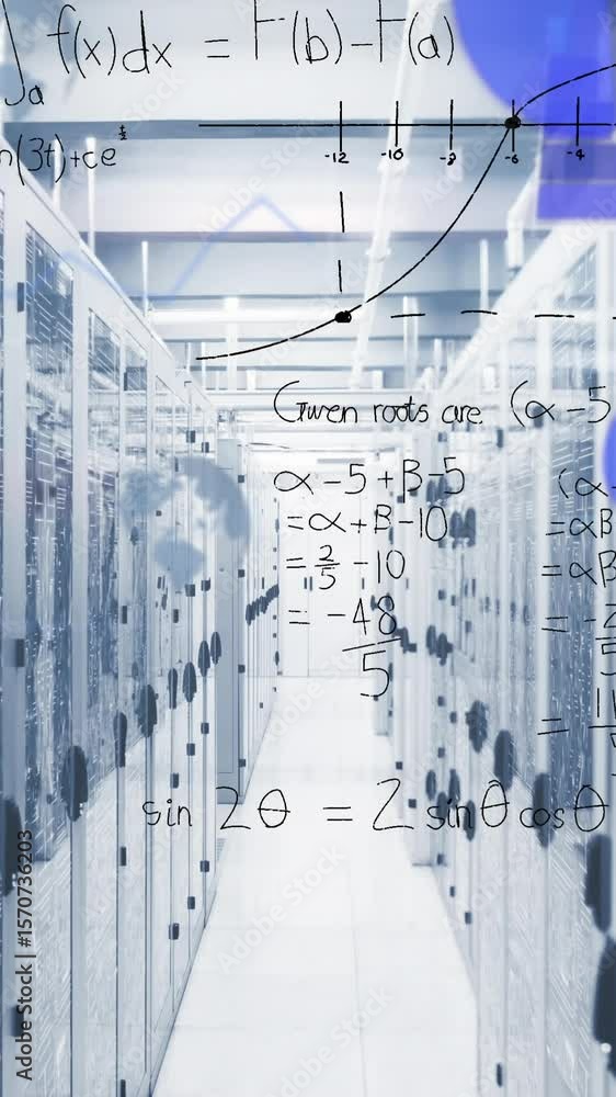 Poster animation of circuit board pattern, infographic interface and lens flare over server room