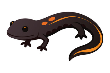Cartoon illustration of a dark gray newt with orange markings and a striped tail