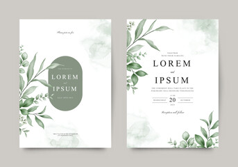 Elegant wedding invitation template with beautiful watercolor green leaves