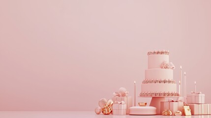 Birthday poster, cake and gifts are at the bottom of the picture, the upper part of the picture is left blank, you can write copy, pink tone, light pink background,