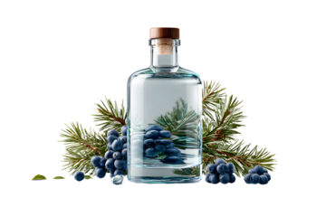 Gin bottle isolated on transparent background, with juniper berries and drops