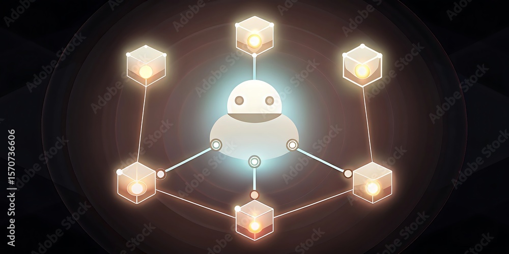 Poster a glowing robot is connected to cubes in a network illustration.