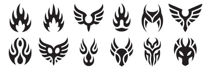 Vector tribal tattoo designs set, flame, wings, horn, abstract shapes, isolated black on white background art on transparent background