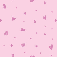 Cute doodled love themed seamless repeat pattern. Random placed, icons like hearts, stars, wording, arrows, flowers, rainbows. Cartoon all over print on pink background