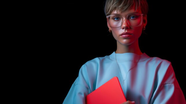 Young woman with glasses holding a red notebook in a stylish casual outfit against a dark background - Powered by Adobe