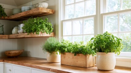 Fresh herbs in wooden containers on kitchen countertop with natural light and greenery