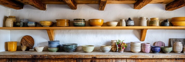 Obraz premium Colorful ceramic bowls and pottery displayed on wooden shelves in rustic kitchen setting