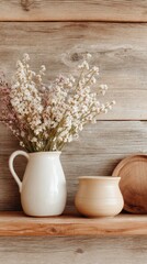 Elegant ceramic vase with dried flowers on wooden shelf creating a rustic home decor atmosphere