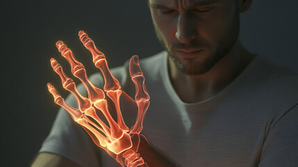 Man Experiencing Hand Pain with Glowing Bones Illustration Overlayed