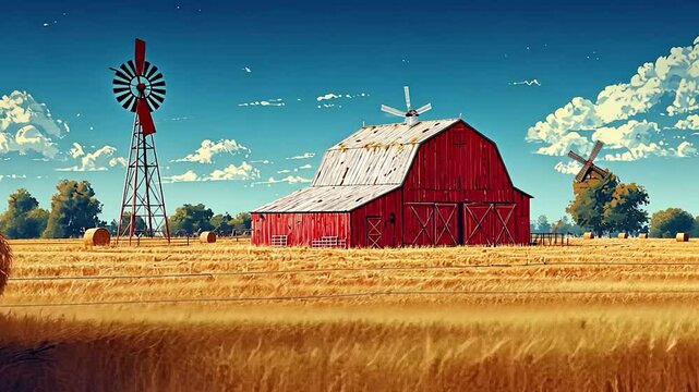 Red barn and windmill in golden field