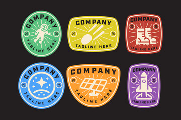 spacewalk, comet, astronaut boots, planet and star, solar panel, rocket retro badge logo vector design collection set for space, astronomy, galaxy, sci fi, astronaut, science, adventure, explorer