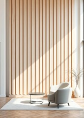 3d rendering of empty wall mockup in living room interior with pastel wooden slats armchair coffee table and flower vase on the side home decor concept Empty room interior design Ultra realistic