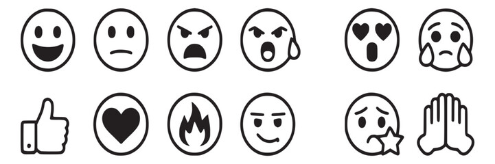 Vector emoji icons set for social media and communication representing various emotions and expressions on transparent background