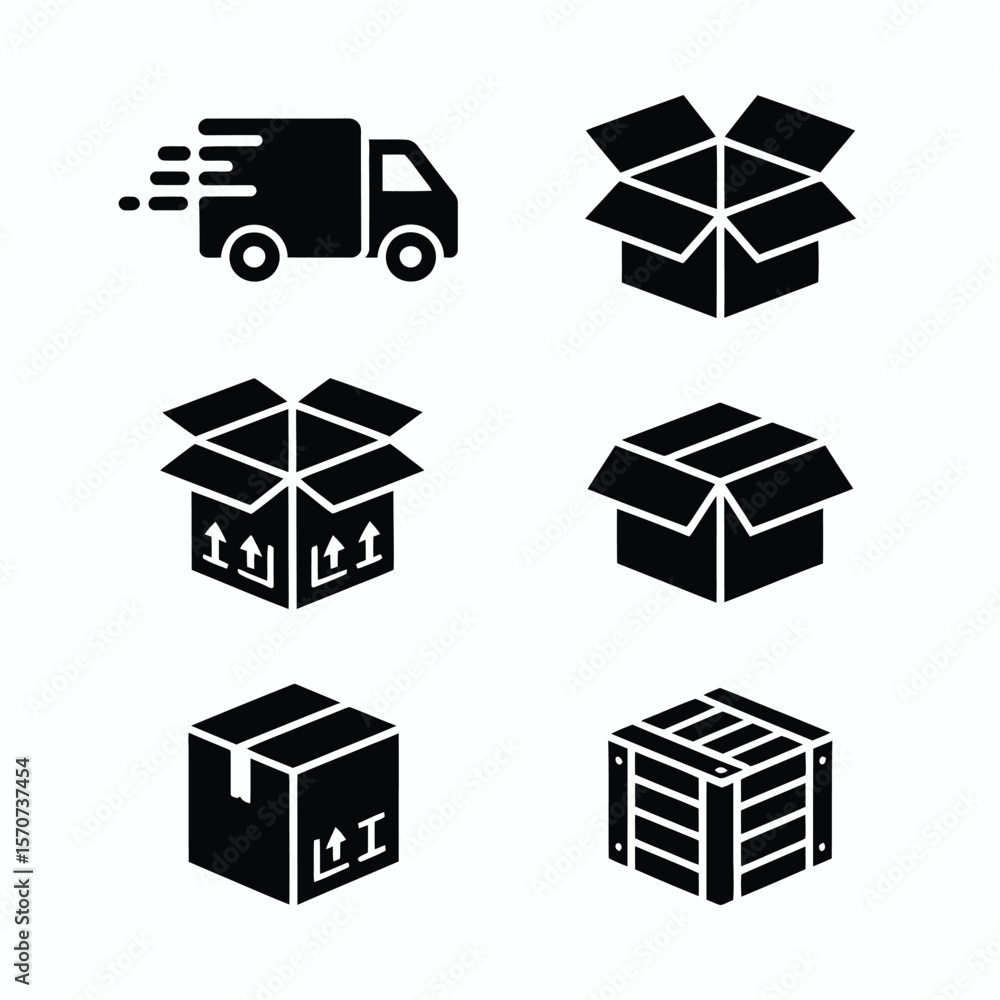 Poster six black glyph icons depicting delivery truck and various cardboard boxes including open and closed