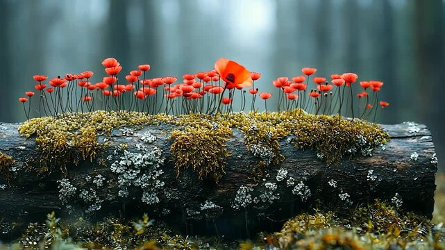 Red flowers on mossy log